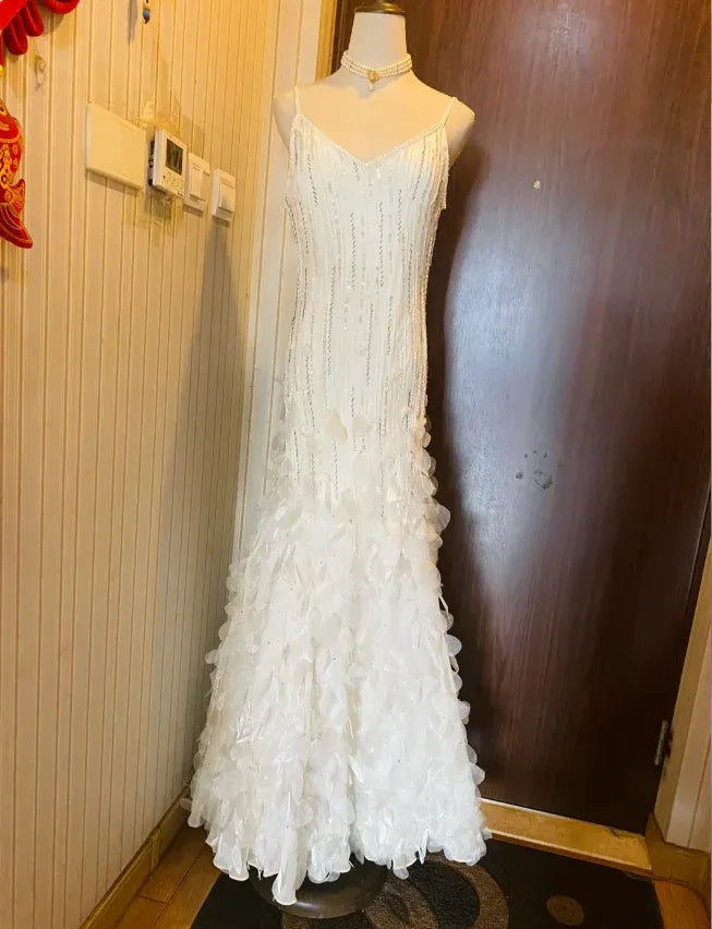 Ethereal Mermaid Spaghetti Strap Beaded Ruffled White Train Prom Dress