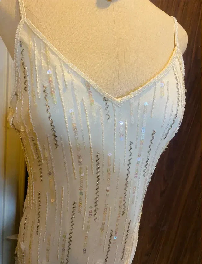 Ethereal Mermaid Spaghetti Strap Beaded Ruffled White Train Prom Dress