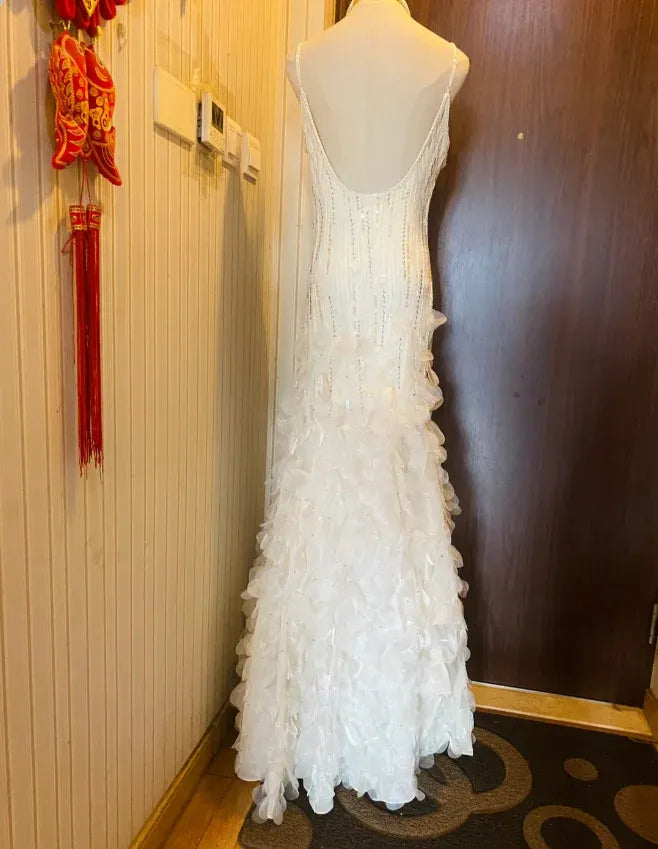 Ethereal Mermaid Spaghetti Strap Beaded Ruffled White Train Prom Dress