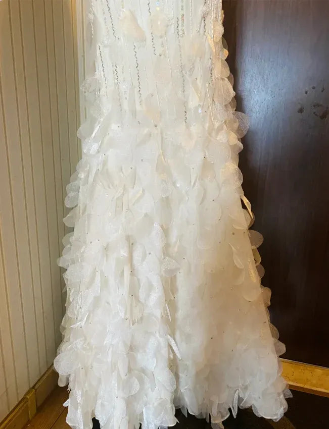 Ethereal Mermaid Spaghetti Strap Beaded Ruffled White Train Prom Dress