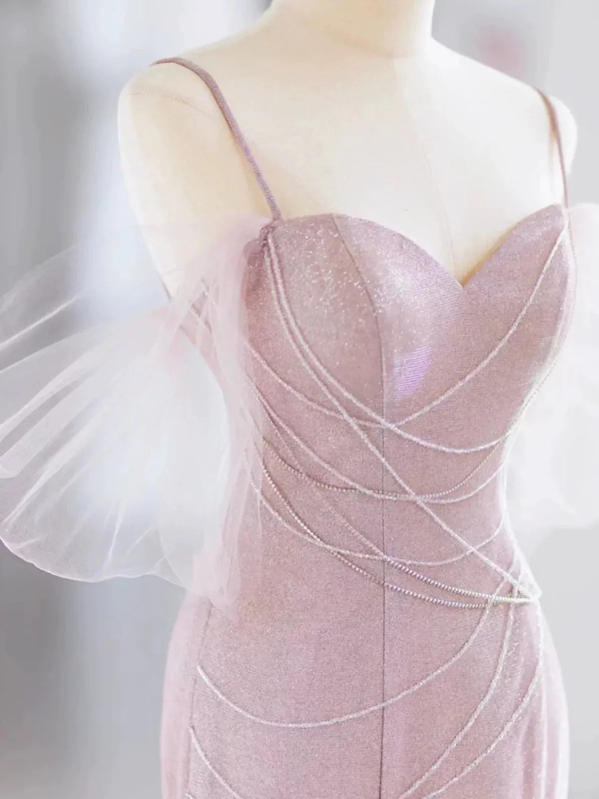 Ethereal Mermaid Sweetheart-Neck Sheer-Sleeve Sparkle-Accented Blush Maxi Prom Dress for Women Custom