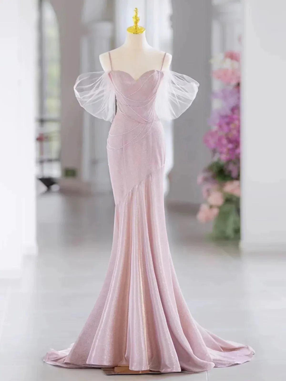 Ethereal Mermaid Sweetheart-Neck Sheer-Sleeve Sparkle-Accented Blush Maxi Prom Dress for Women Custom