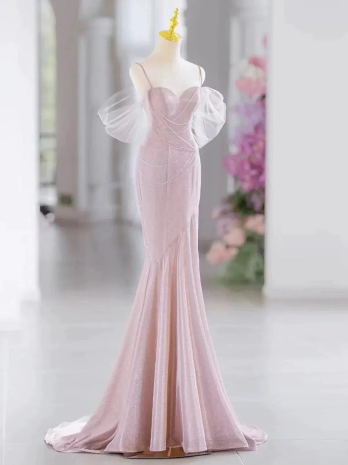 Ethereal Mermaid Sweetheart-Neck Sheer-Sleeve Sparkle-Accented Blush Maxi Prom Dress for Women Custom