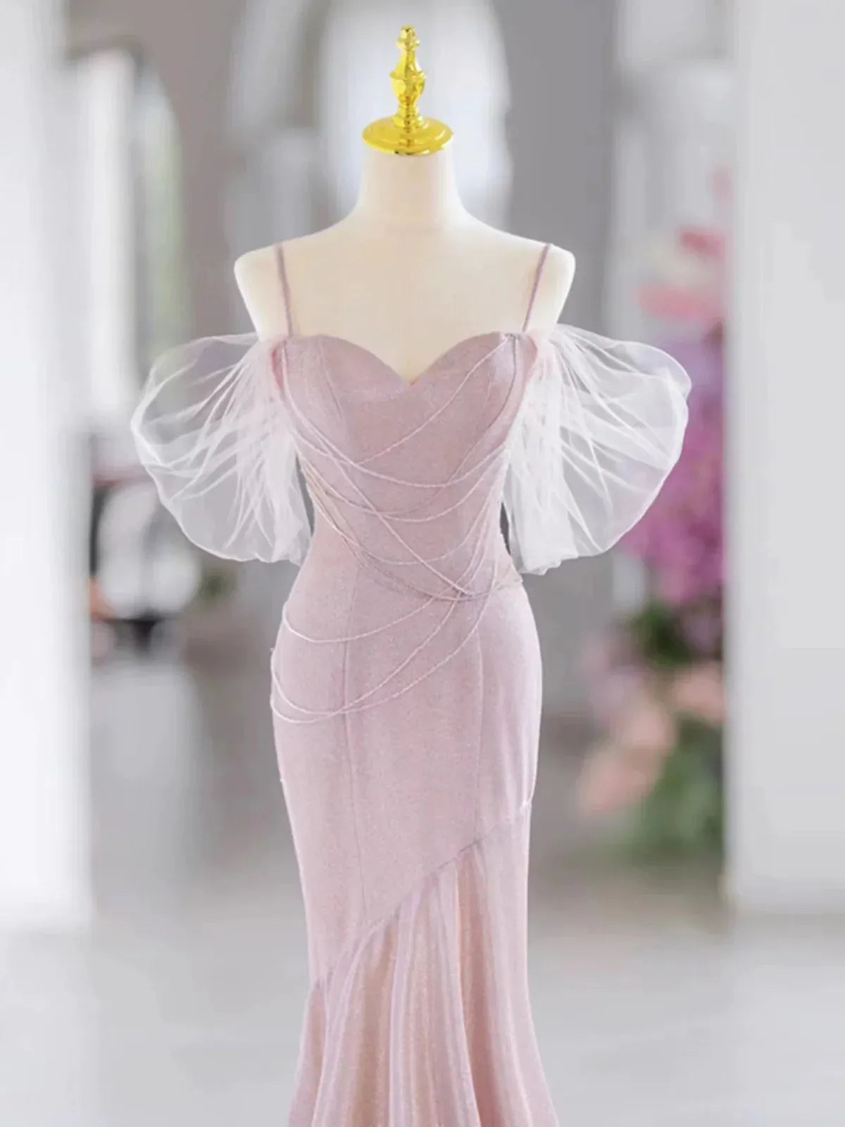 Ethereal Mermaid Sweetheart-Neck Sheer-Sleeve Sparkle-Accented Blush Maxi Prom Dress for Women Custom