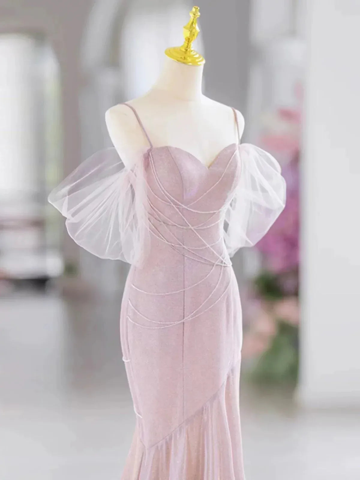 Ethereal Mermaid Sweetheart-Neck Sheer-Sleeve Sparkle-Accented Blush Maxi Prom Dress for Women Custom