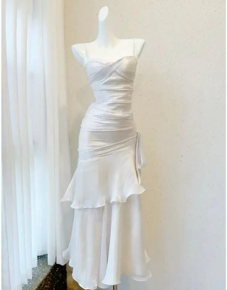 Ethereal Mermaid Sweetheart Sleeveless Ruched Chiffon Ivory Floor-Length Evening Dress for Women