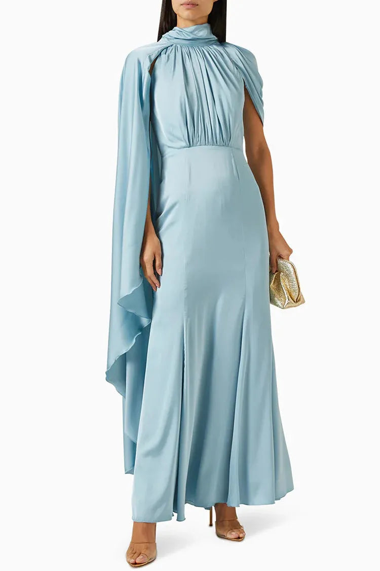 Ethereal Mermaid Turtleneck Cape-Accent Satin Sky-Blue Maxi Evening Dress for Women