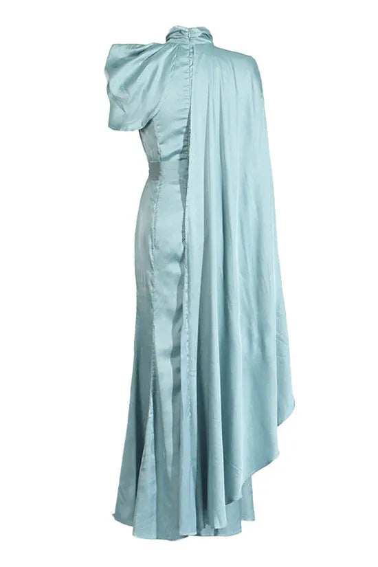Ethereal Mermaid Turtleneck Cape-Accent Satin Sky-Blue Maxi Evening Dress for Women