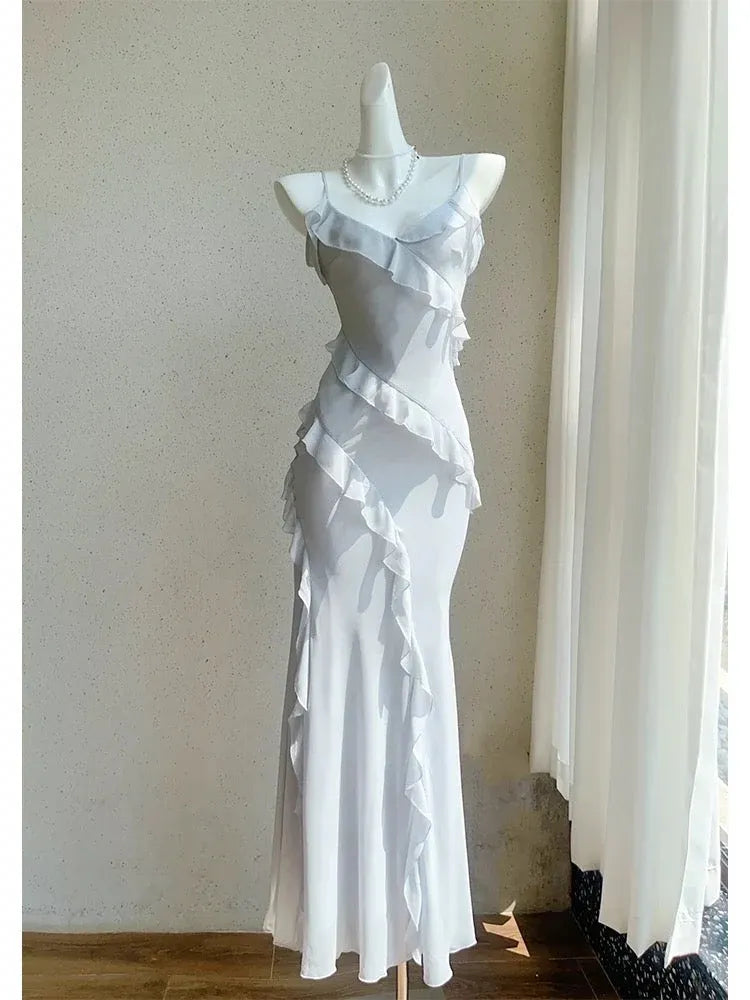 Ethereal Mermaid V-Neck Sleeveless Ruffle-Accented White Maxi Prom Dress for Women for sale