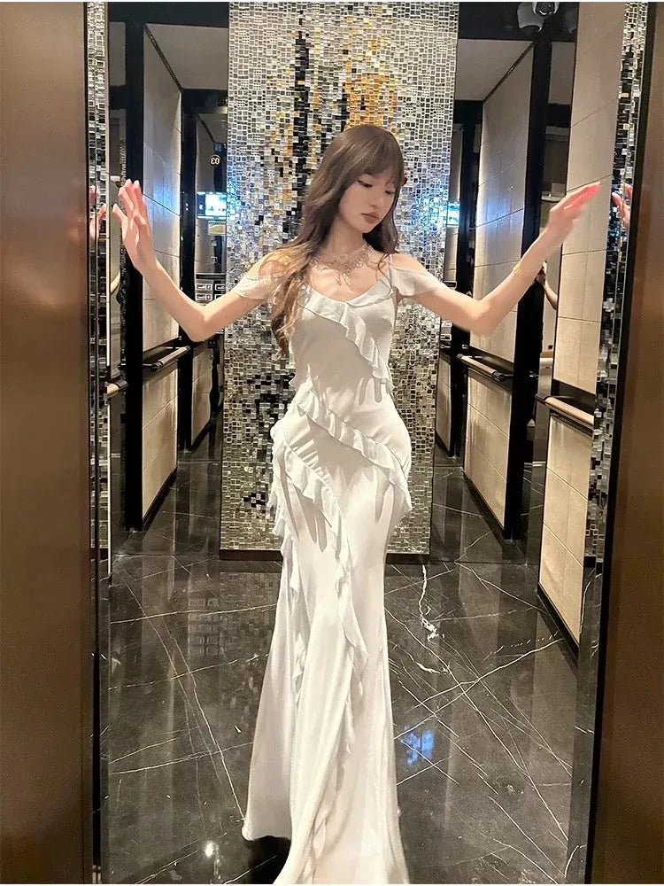 Ethereal Mermaid V-Neck Sleeveless Ruffle-Accented White Maxi Prom Dress for Women for sale
