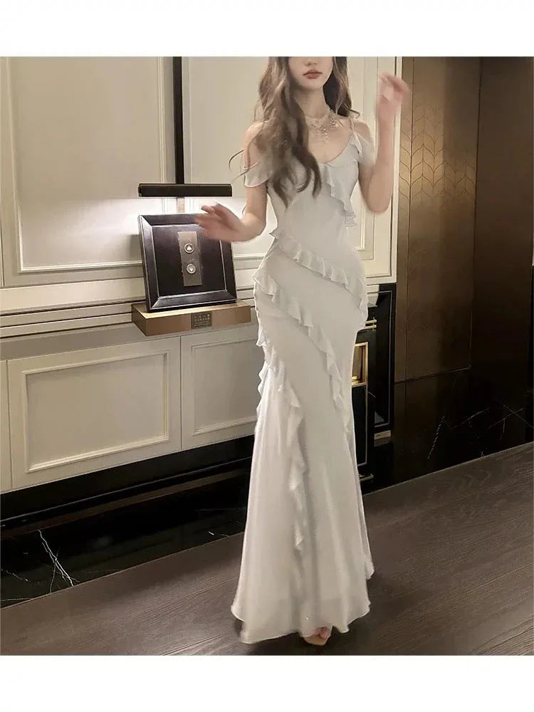 Ethereal Mermaid V-Neck Sleeveless Ruffle-Accented White Maxi Prom Dress for Women for sale