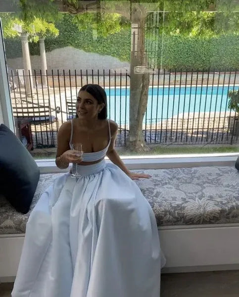 Ethereal Satin Two-Piece Long Evening Dress Sky-Blue Sweetheart Sleeveless Party Gown for Women