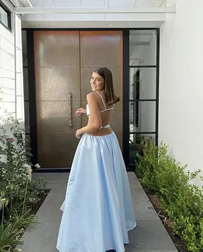 Ethereal Satin Two-Piece Long Evening Dress Sky-Blue Sweetheart Sleeveless Party Gown for Women
