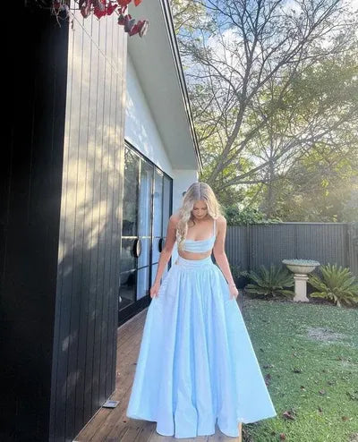 Ethereal Satin Two-Piece Long Evening Dress Sky-Blue Sweetheart Sleeveless Party Gown for Women
