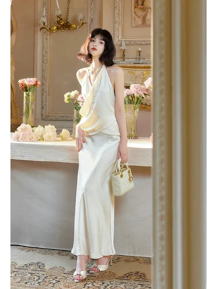 Ethereal Sheath Halter-Neck Sleeveless Draped Satin Ivory Floor-Length Evening Dress for Women