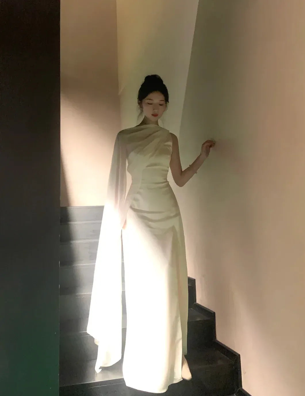 Ethereal Sheath One-Shoulder Sleeveless Drape-Accent Ivory Long Prom Dress for Women For Sale