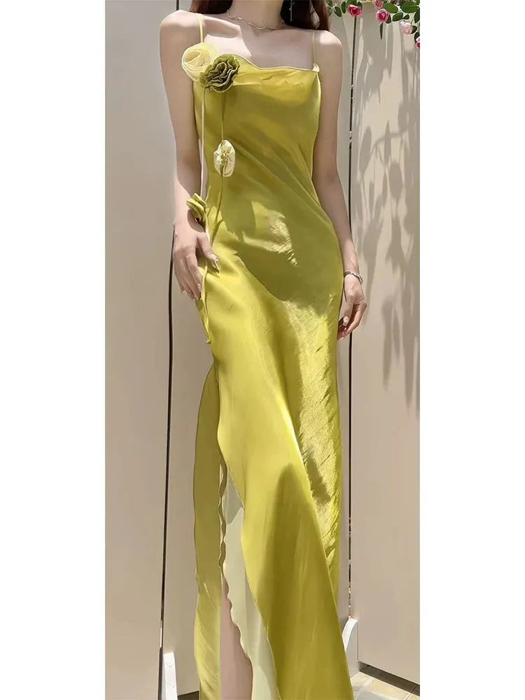 Ethereal Sheath Square Neck Sleeveless Floral Chartreuse Maxi Prom Dress for Women Ready to Ship