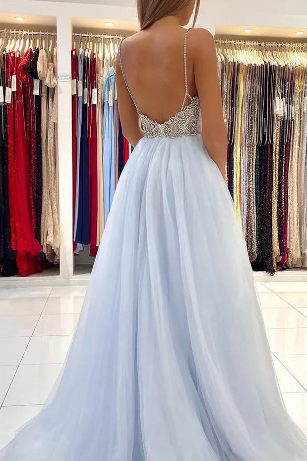 Ethereal Tulle-Beaded Long Evening Dress Sky Blue Deep V-Back Spaghetti Strap for Women