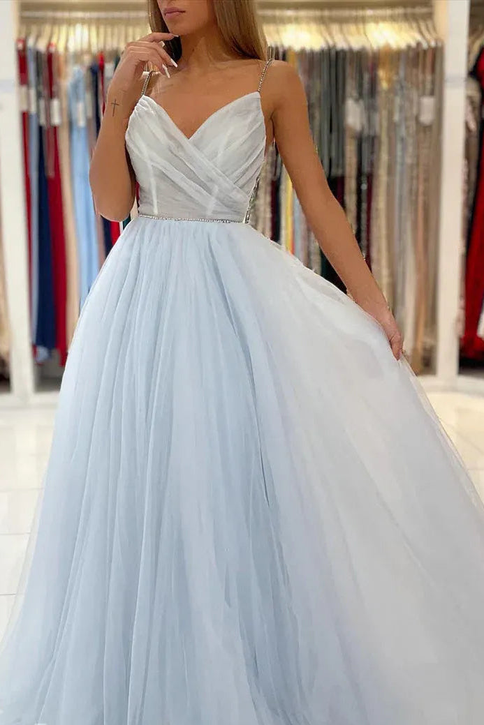 Ethereal Tulle-Beaded Long Evening Dress Sky Blue Deep V-Back Spaghetti Strap for Women