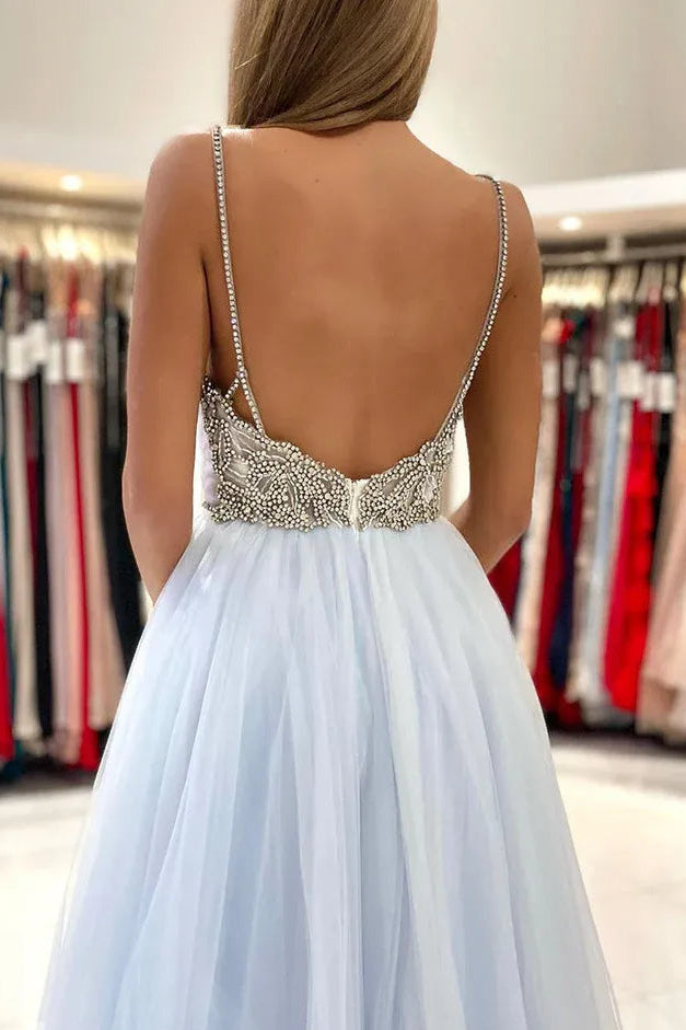 Ethereal Tulle-Beaded Long Evening Dress Sky Blue Deep V-Back Spaghetti Strap for Women