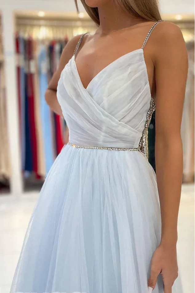 Ethereal Tulle-Beaded Long Evening Dress Sky Blue Deep V-Back Spaghetti Strap for Women