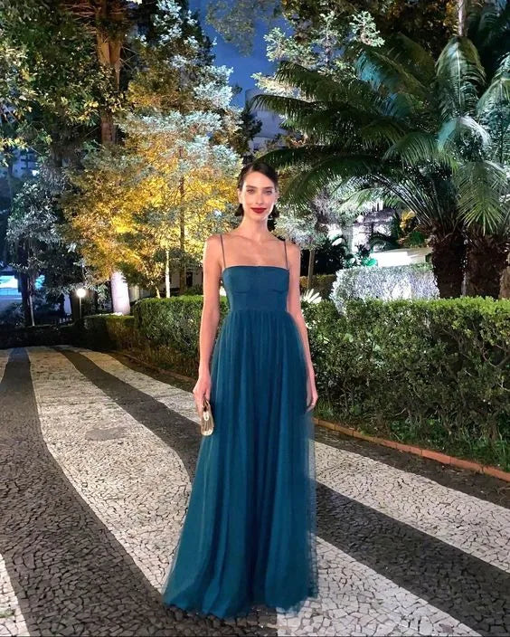 Ethereal Tulle Maxi Evening Dress Teal Square Neck Strap for Women