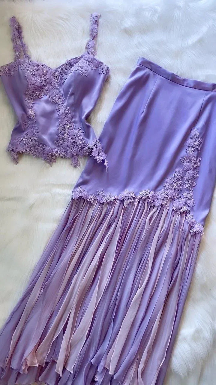 Ethereal Two-Piece A-Line Spaghetti-Strap Lace-Satin Lavender Floor-Length Prom Dress for Women