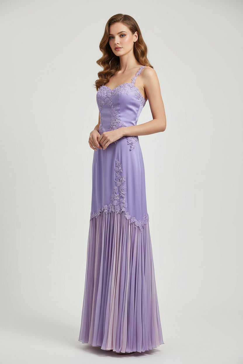 Ethereal Two-Piece A-Line Spaghetti-Strap Lace-Satin Lavender Floor-Length Prom Dress for Women