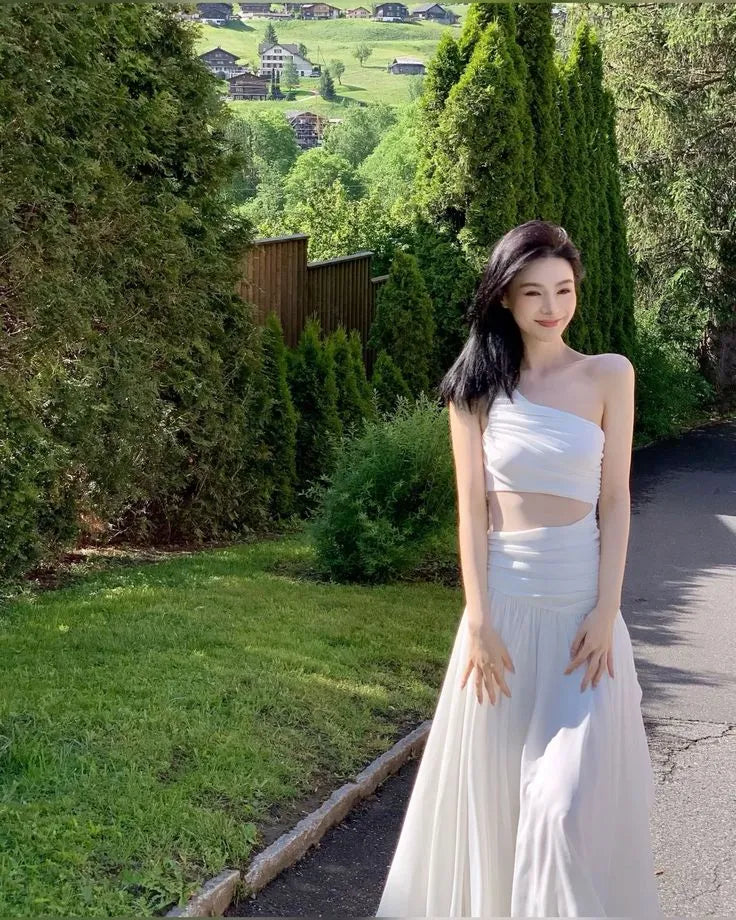 Ethereal Two-Piece One-Shoulder Sleeveless Ruched Chiffon White Maxi Prom Dress