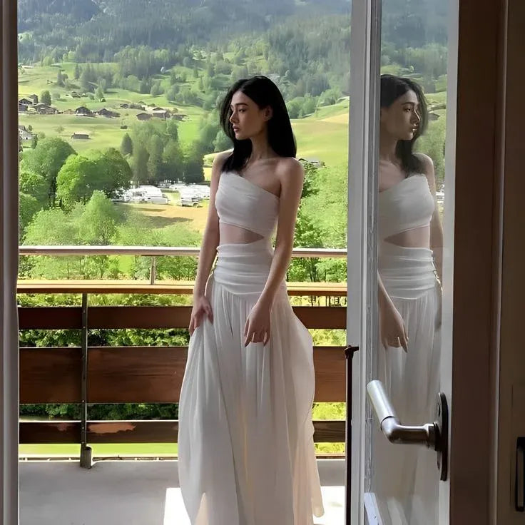 Ethereal Two-Piece One-Shoulder Sleeveless Ruched Chiffon White Maxi Prom Dress