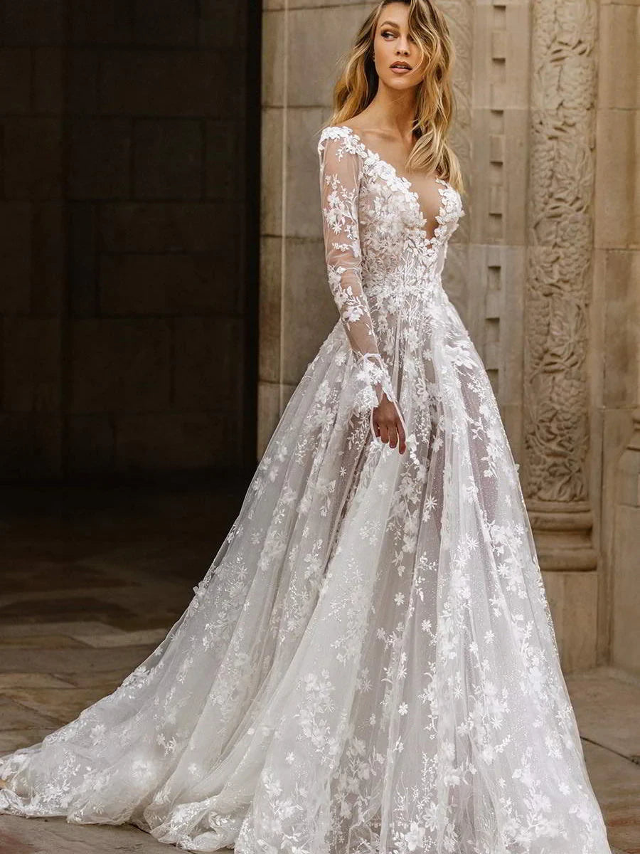 Ethereal A-Line V-Neck Long Sleeve Floral Open Back White Wedding Dress
