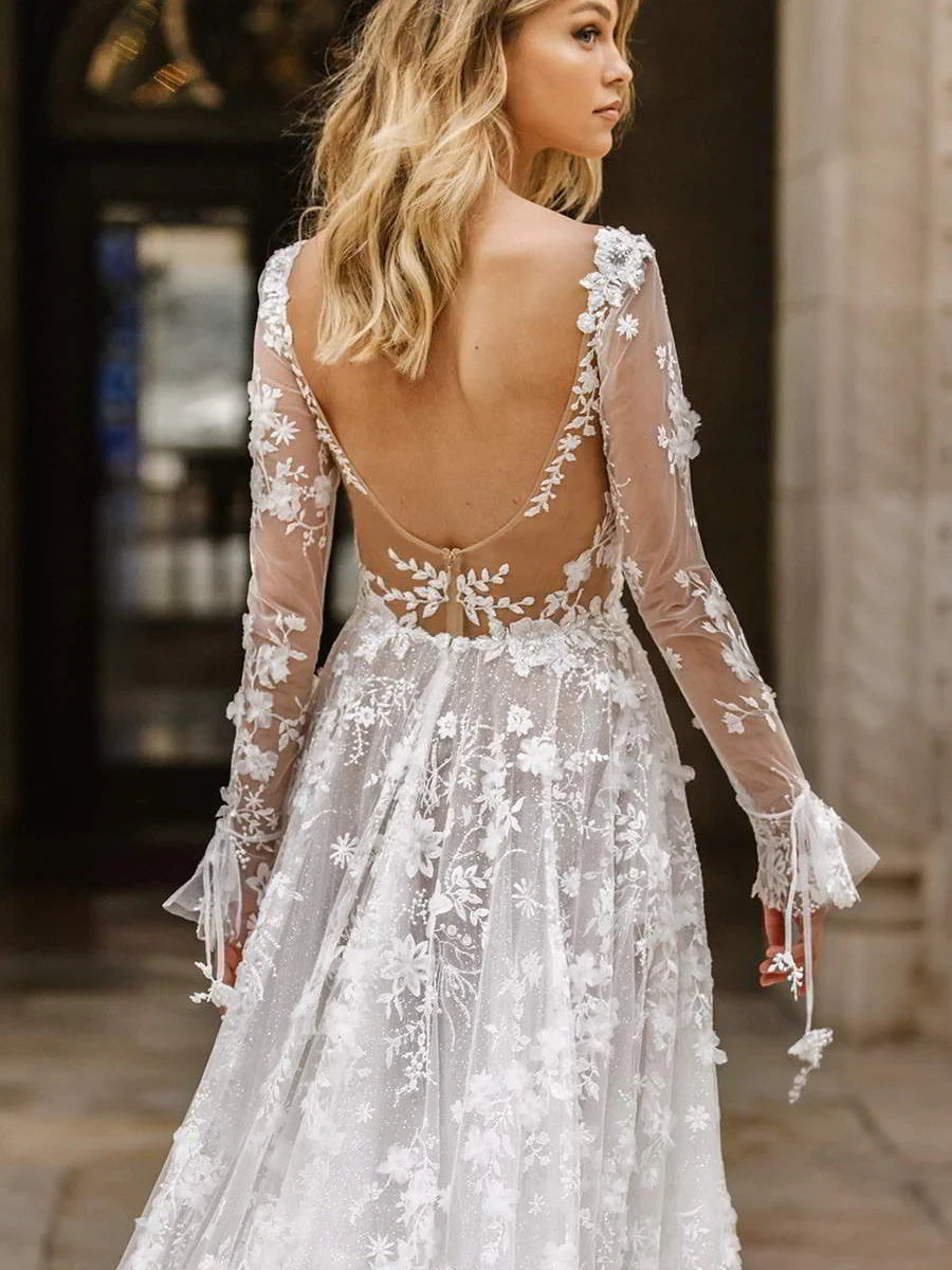 Ethereal A-Line V-Neck Long Sleeve Floral Open Back White Wedding Dress