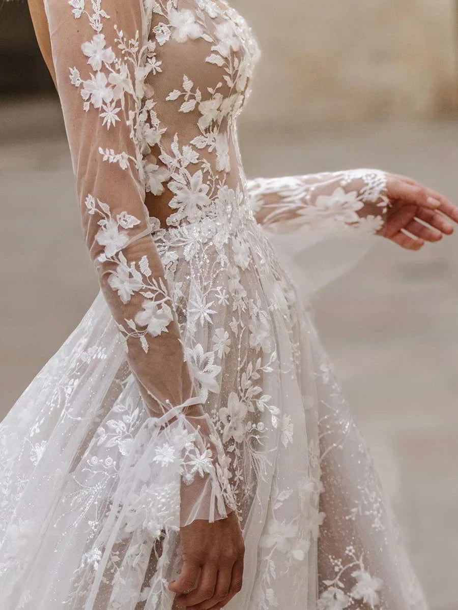 Ethereal A-Line V-Neck Long Sleeve Floral Open Back White Wedding Dress