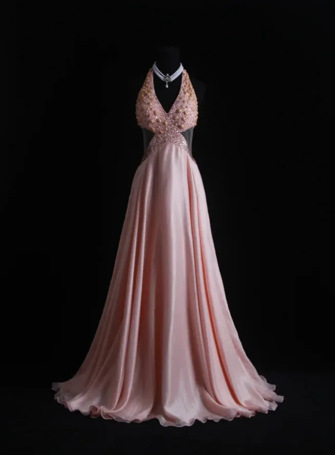 Exquisite A-line Halter Beaded Embellished Blush Train Prom Dress Hot Sale
