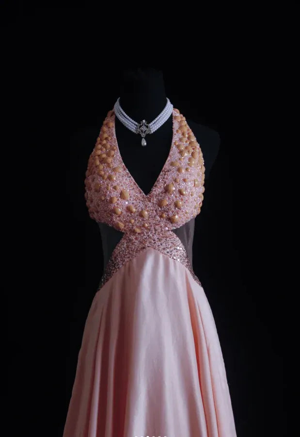 Exquisite A-line Halter Beaded Embellished Blush Train Prom Dress Hot Sale