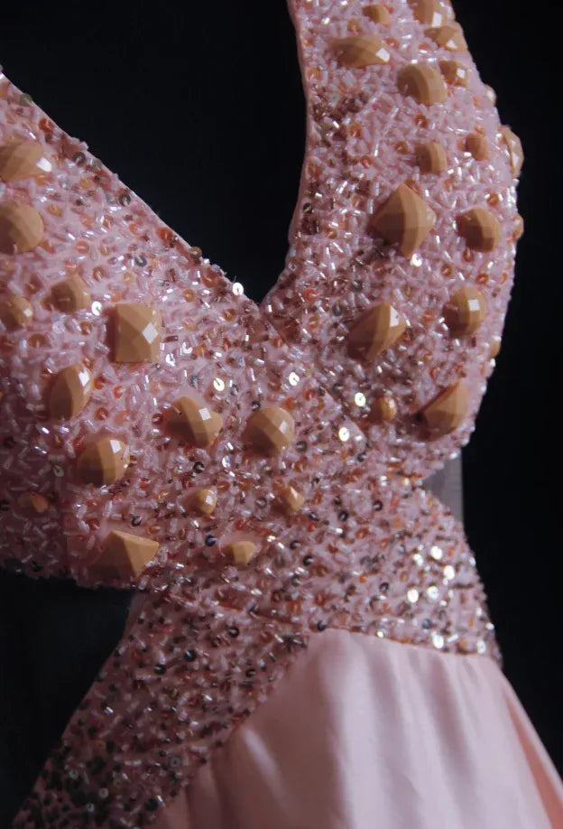 Exquisite A-line Halter Beaded Embellished Blush Train Prom Dress Hot Sale