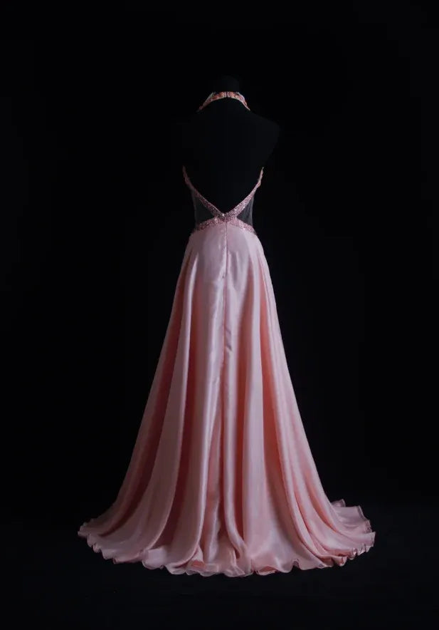 Exquisite A-line Halter Beaded Embellished Blush Train Prom Dress Hot Sale