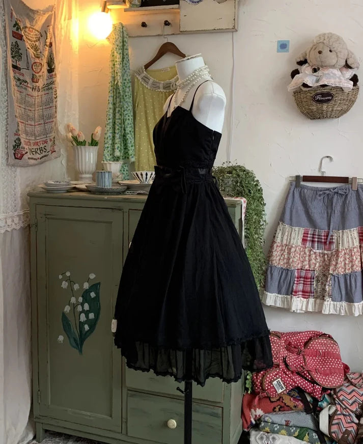 Exquisite A-line Spaghetti Straps Bow Lace Chiffon Black Short Party Dress