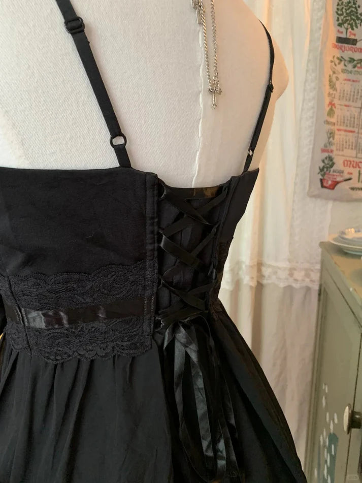 Exquisite A-line Spaghetti Straps Bow Lace Chiffon Black Short Party Dress