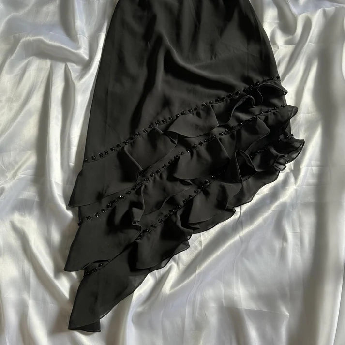 Exquisite A-line V Neck Beading 3D Flower Chiffon Black Midi Party Dress