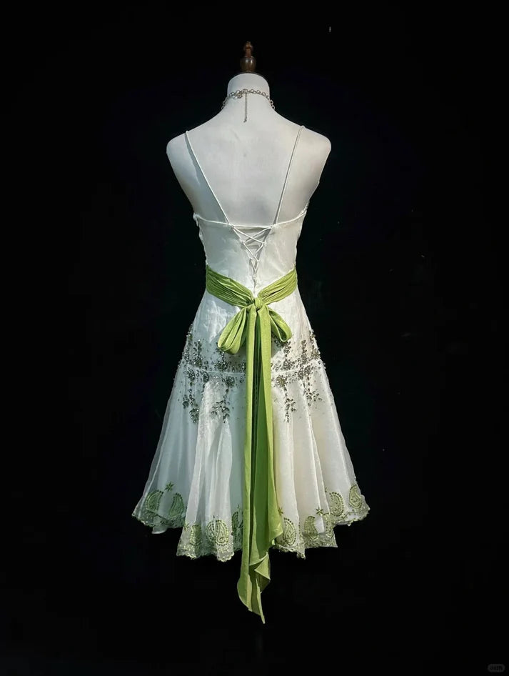 Exquisite A-line V Neck Rhinestone Beaded Light Green Short Party Dress