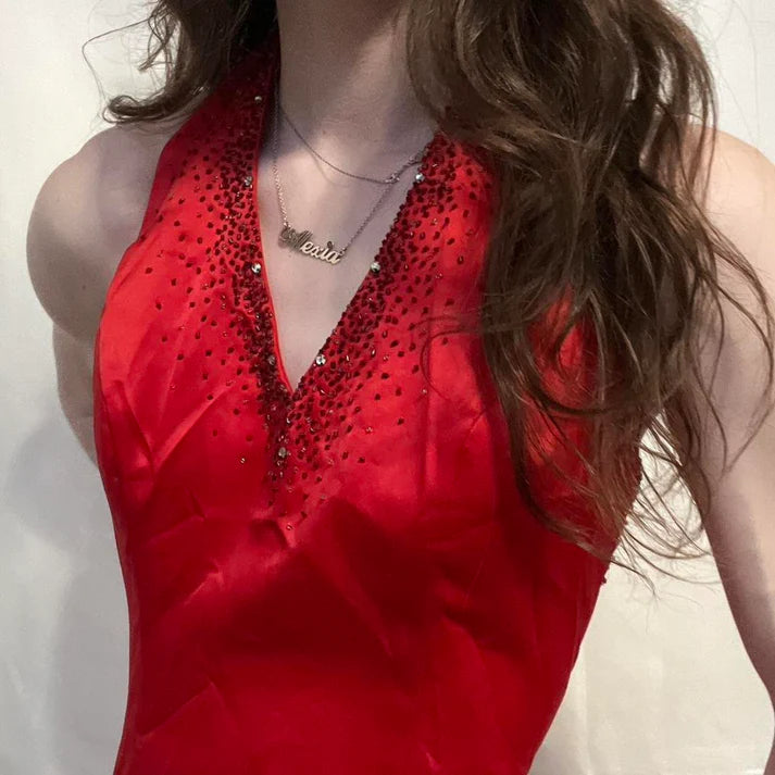 Exquisite Halter Beading Backless Slit Satin Red Long Formal Party Dress