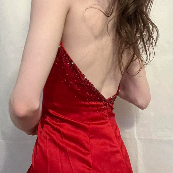 Exquisite Halter Beading Backless Slit Satin Red Long Formal Party Dress