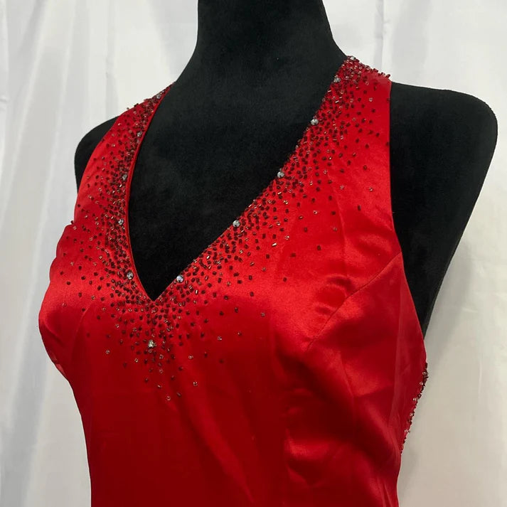 Exquisite Halter Beading Backless Slit Satin Red Long Formal Party Dress