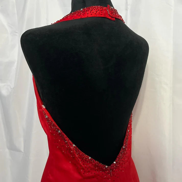 Exquisite Halter Beading Backless Slit Satin Red Long Formal Party Dress