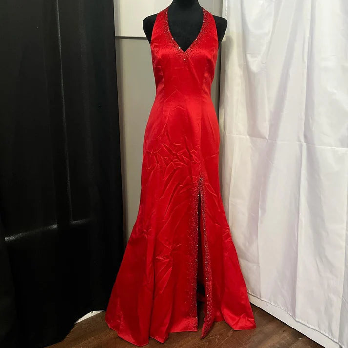 Exquisite Halter Beading Backless Slit Satin Red Long Formal Party Dress