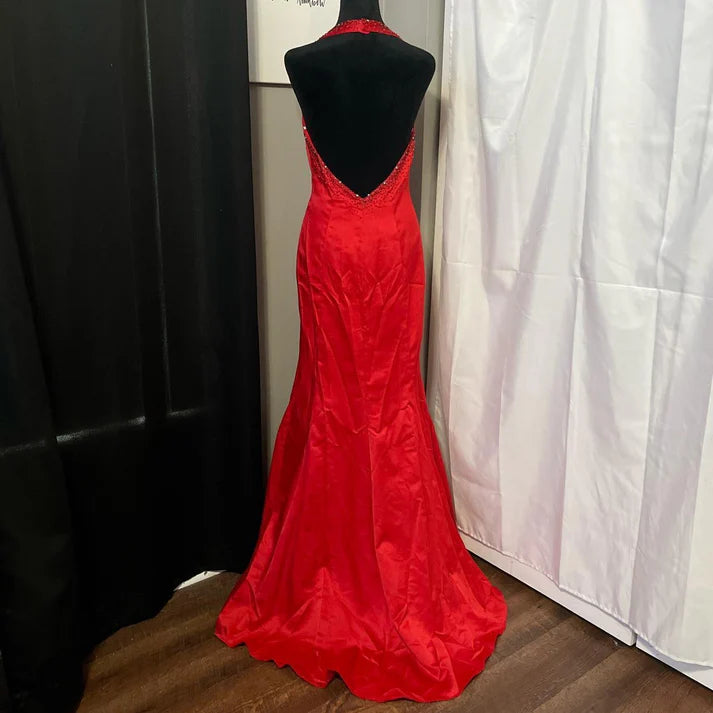 Exquisite Halter Beading Backless Slit Satin Red Long Formal Party Dress