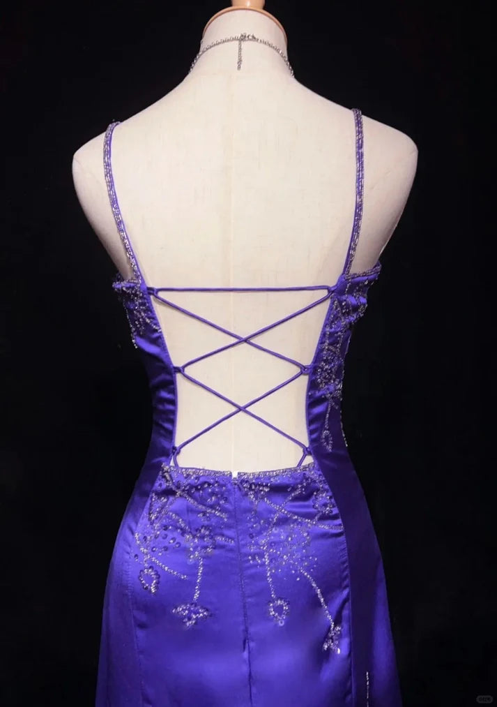 Exquisite Spaghetti Straps Beaded Sequins Satin Purple Long Party Dress