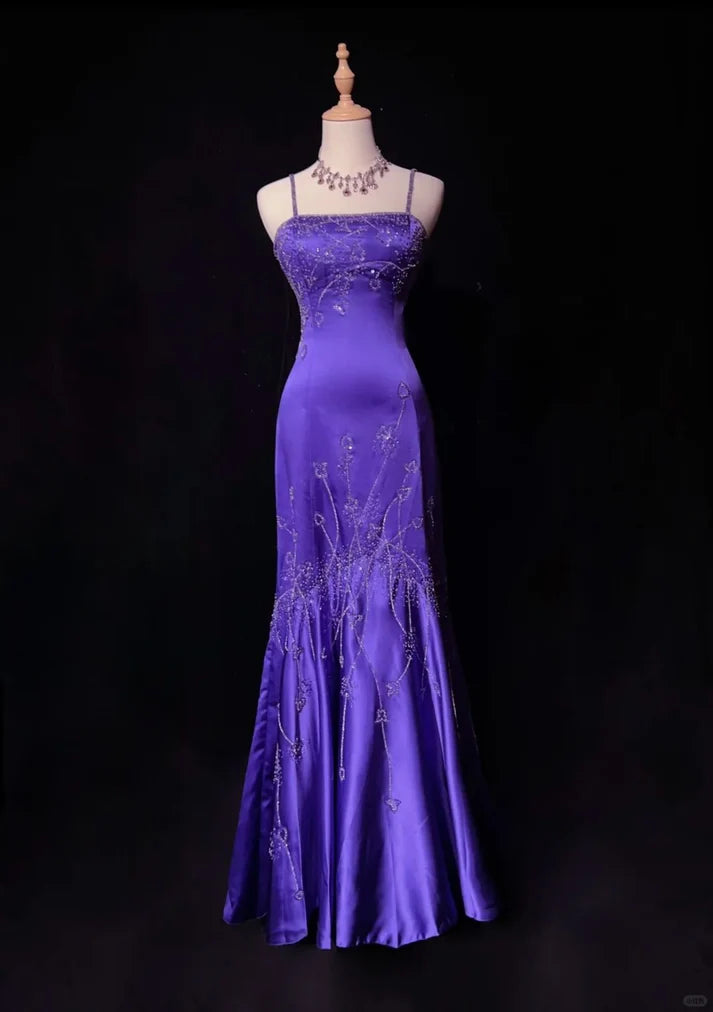 Exquisite Spaghetti Straps Beaded Sequins Satin Purple Long Party Dress