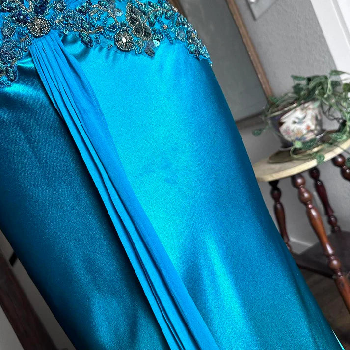 Exquisite V-Neck Sequins Beaded Satin Blue Long Party Dress Handmade